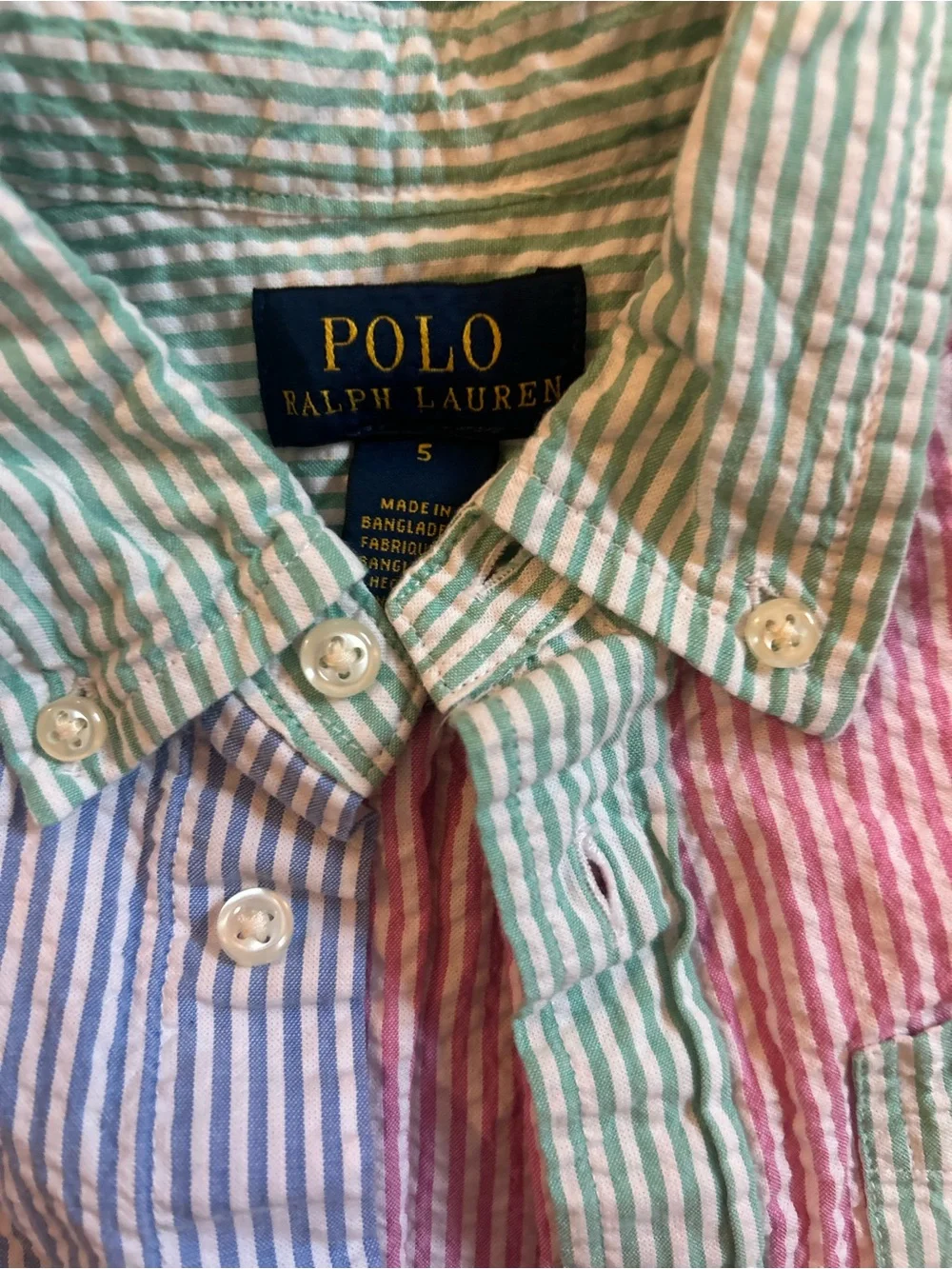 Ralph Lauren Seersucker Boys Colorblock Striped Button Down Dress Shirt Size 5